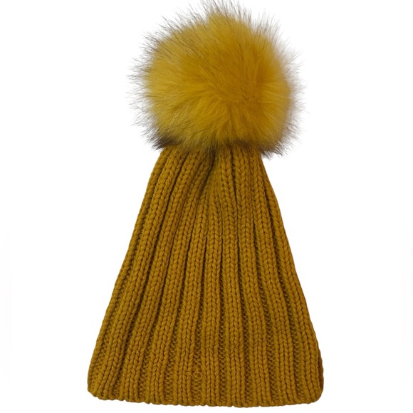 Mustard Yellow Knit Beanie with Faux Fur Pom Chunky Ribbed Winter Hat - Picture 3 of 6